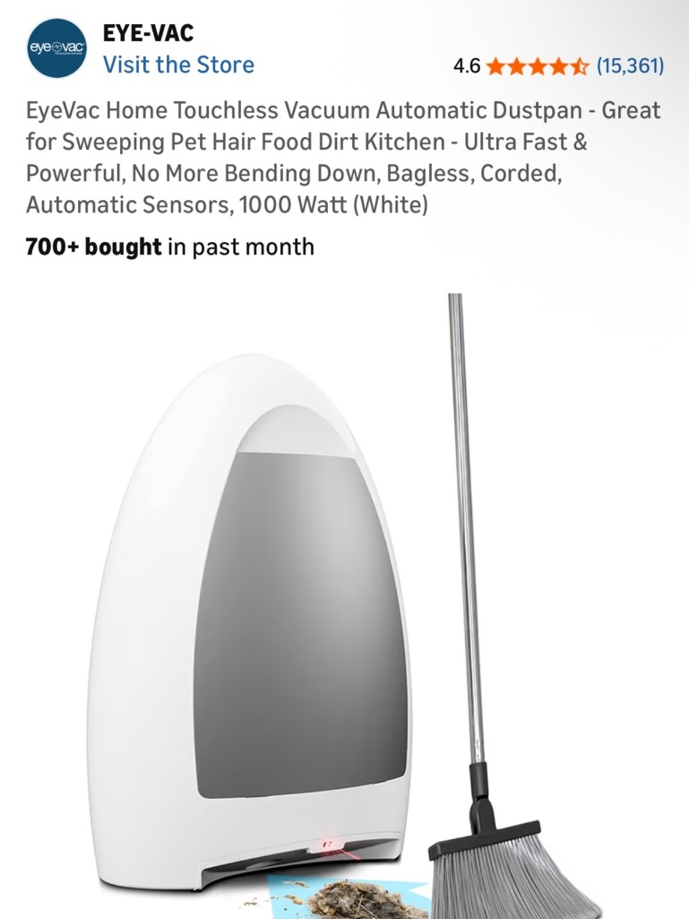 EyeVac Touchless Home Vacuum Dustpan - Automatic Pet Hair & Dirt Pickup